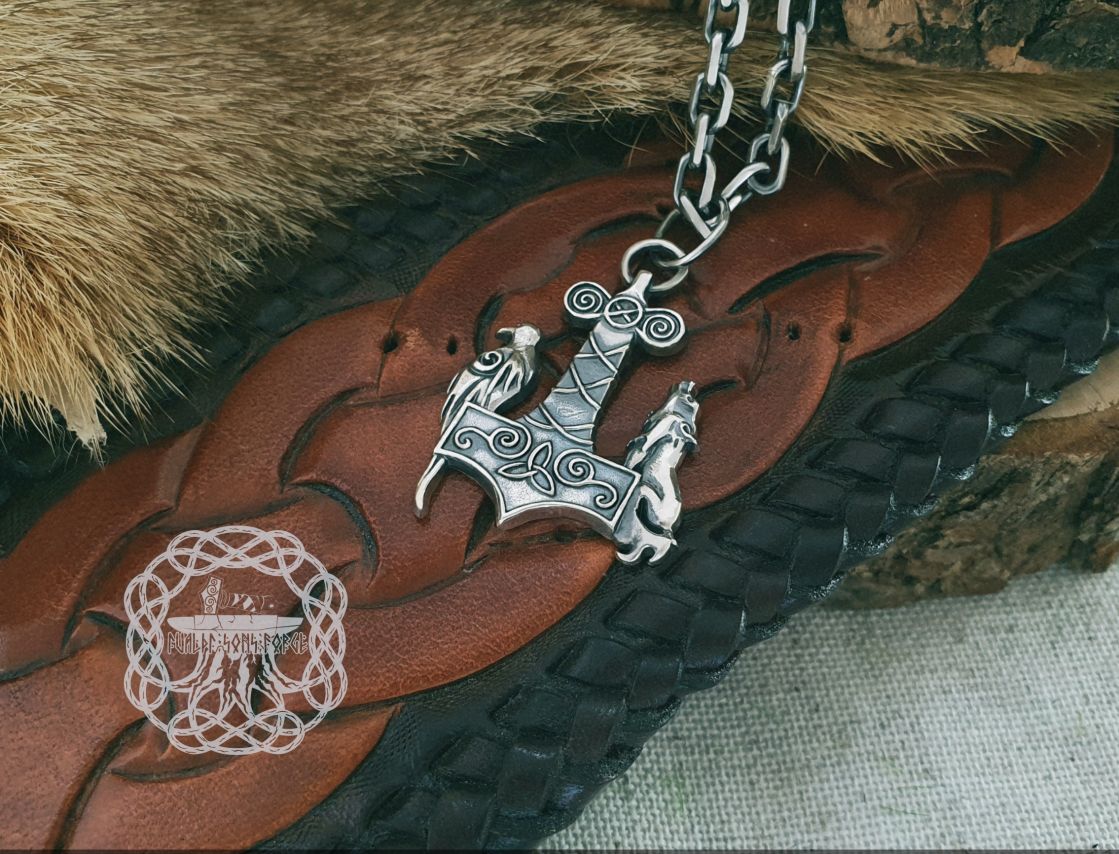 Raven & Wolf Thor Hammer Pendant. Sterling Silver Mjolnir Necklace.